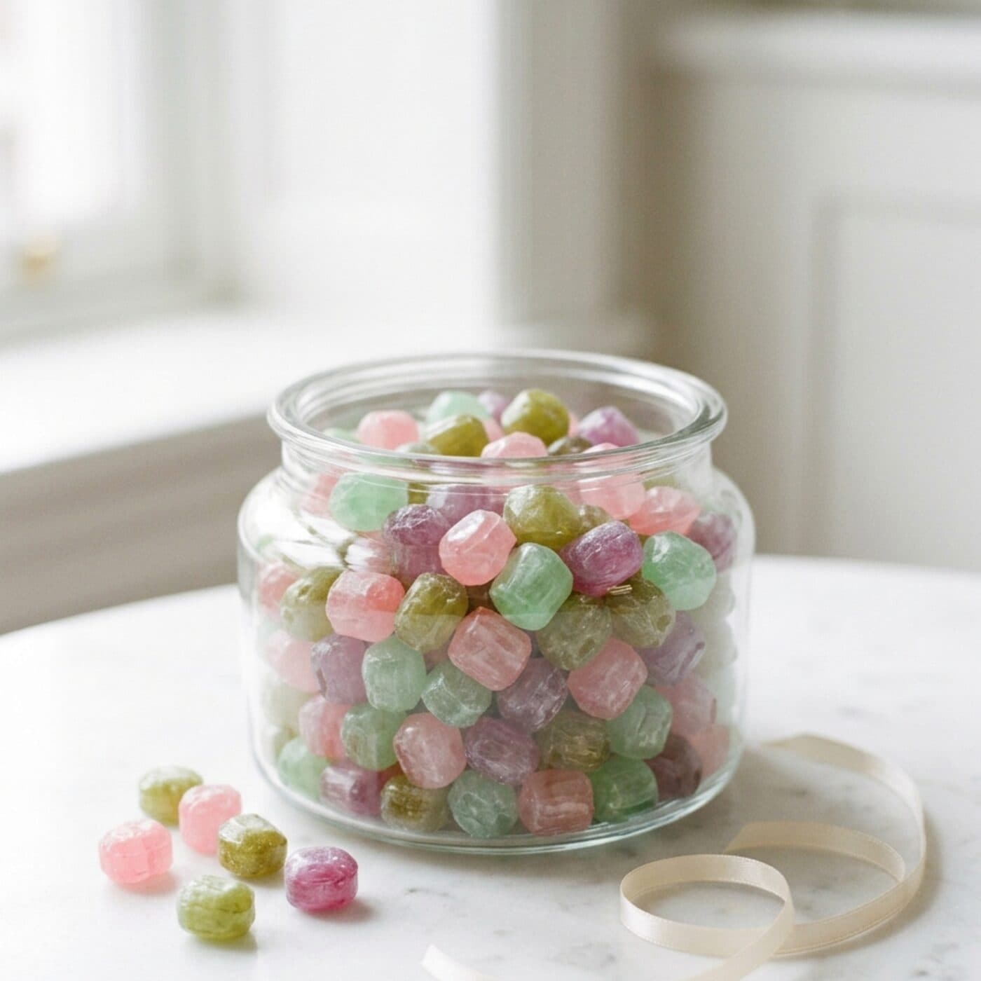Pote de vidro com balas artesanais da JUST! Amor e Sabor