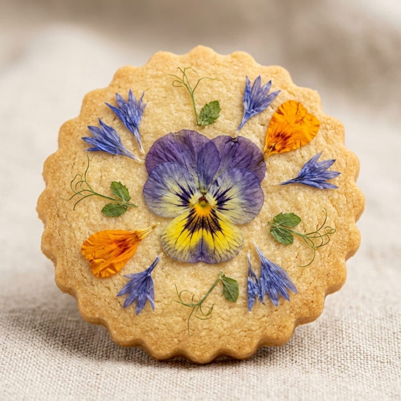 Biscoito floral de perto: amor-perfeito, centáurea e calêndula prensados na massa
