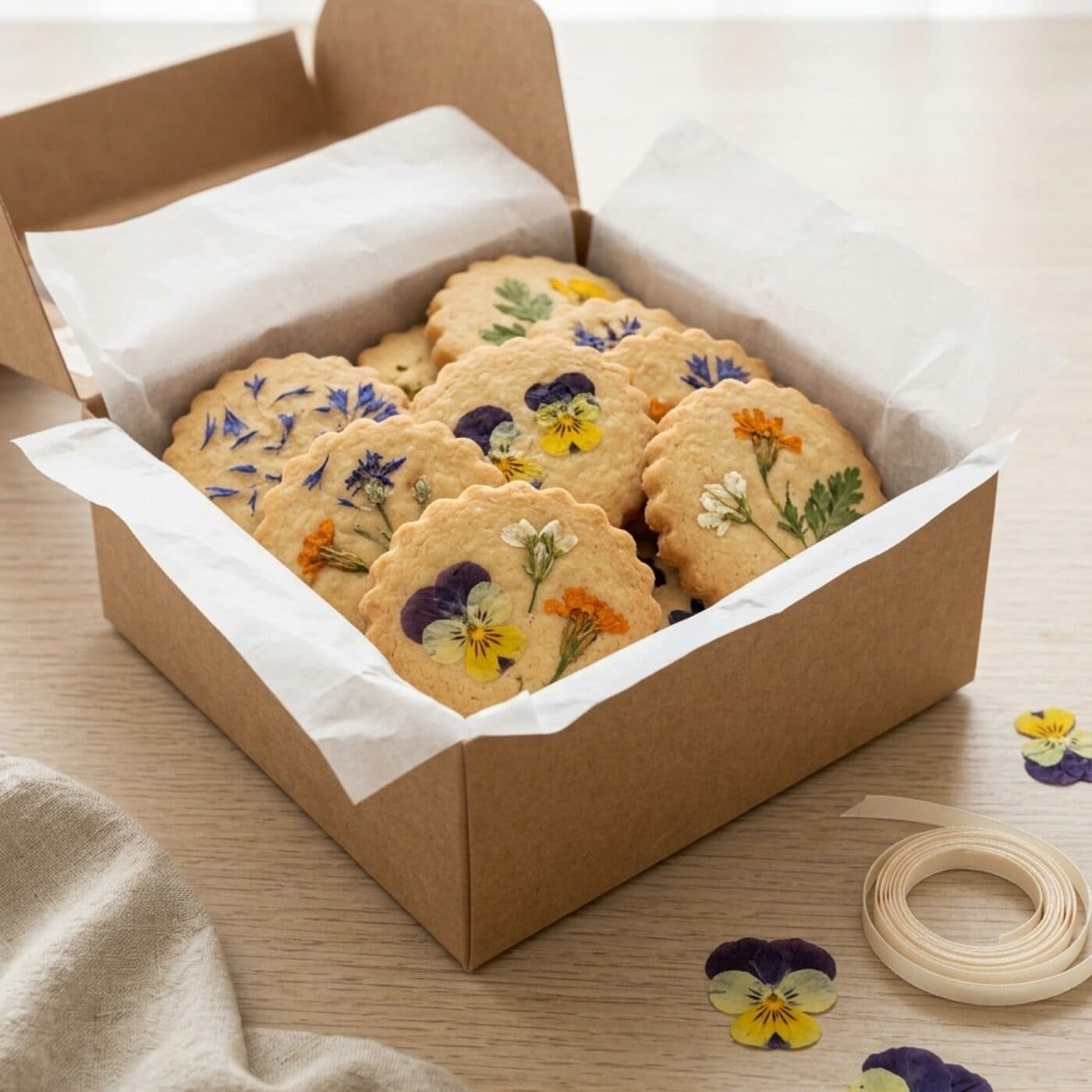Caixa kraft com biscoitos florais da JUST! Amor e Sabor