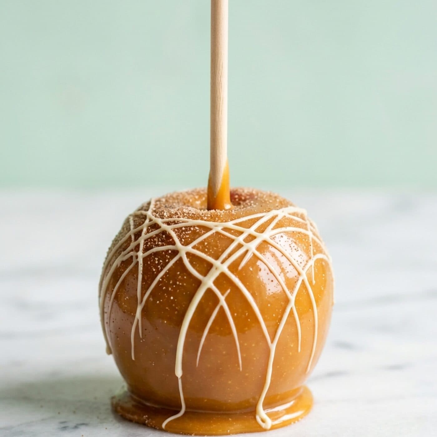 Maçã do amor gourmet tradicional — caramelo, chocolate branco, açúcar e canela
