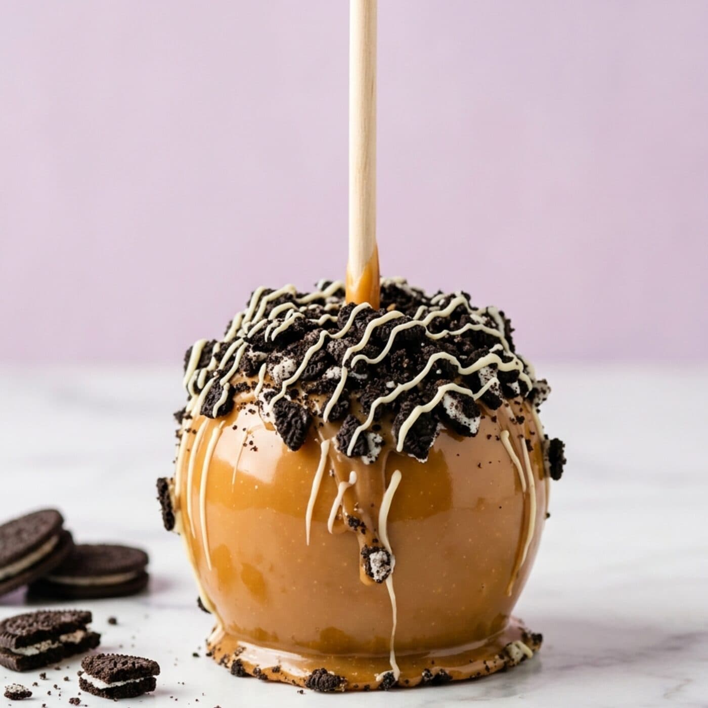 Maçã do amor gourmet Oreo — chocolate branco e biscoito triturado